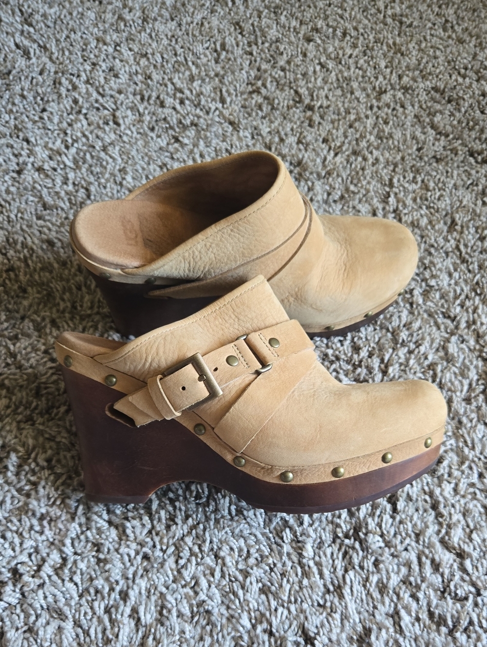 UGG Camel Beige Suede Leather Platform Wedge Clogs Slip On